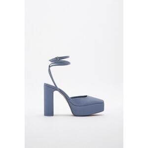 ZARA Chunky Heeled Platform Shoes Size 40 Blue Satin EUC $129 MSRP Square Toe